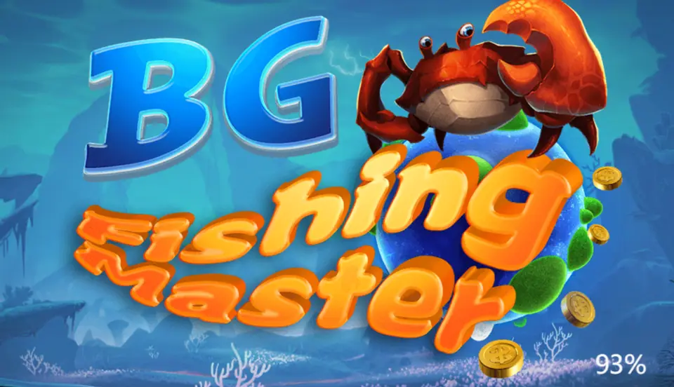 Judul BG Fishing Master dengan huruf biru dan oranye, kepiting merah dan koin emas di bawah laut